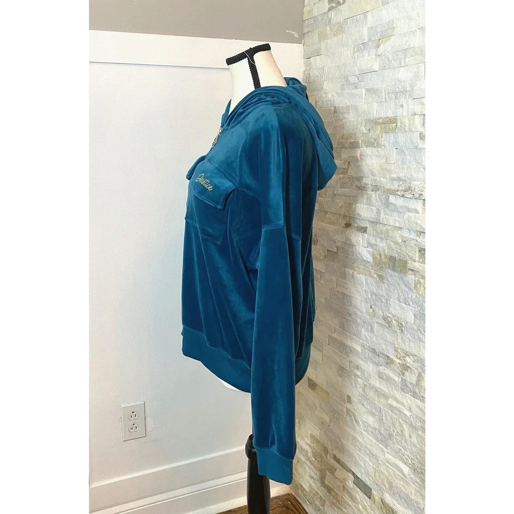 Justice Teal Velour Zip Up Hoodie Jacket XL Plus Hooded Soft Stretch Y2K